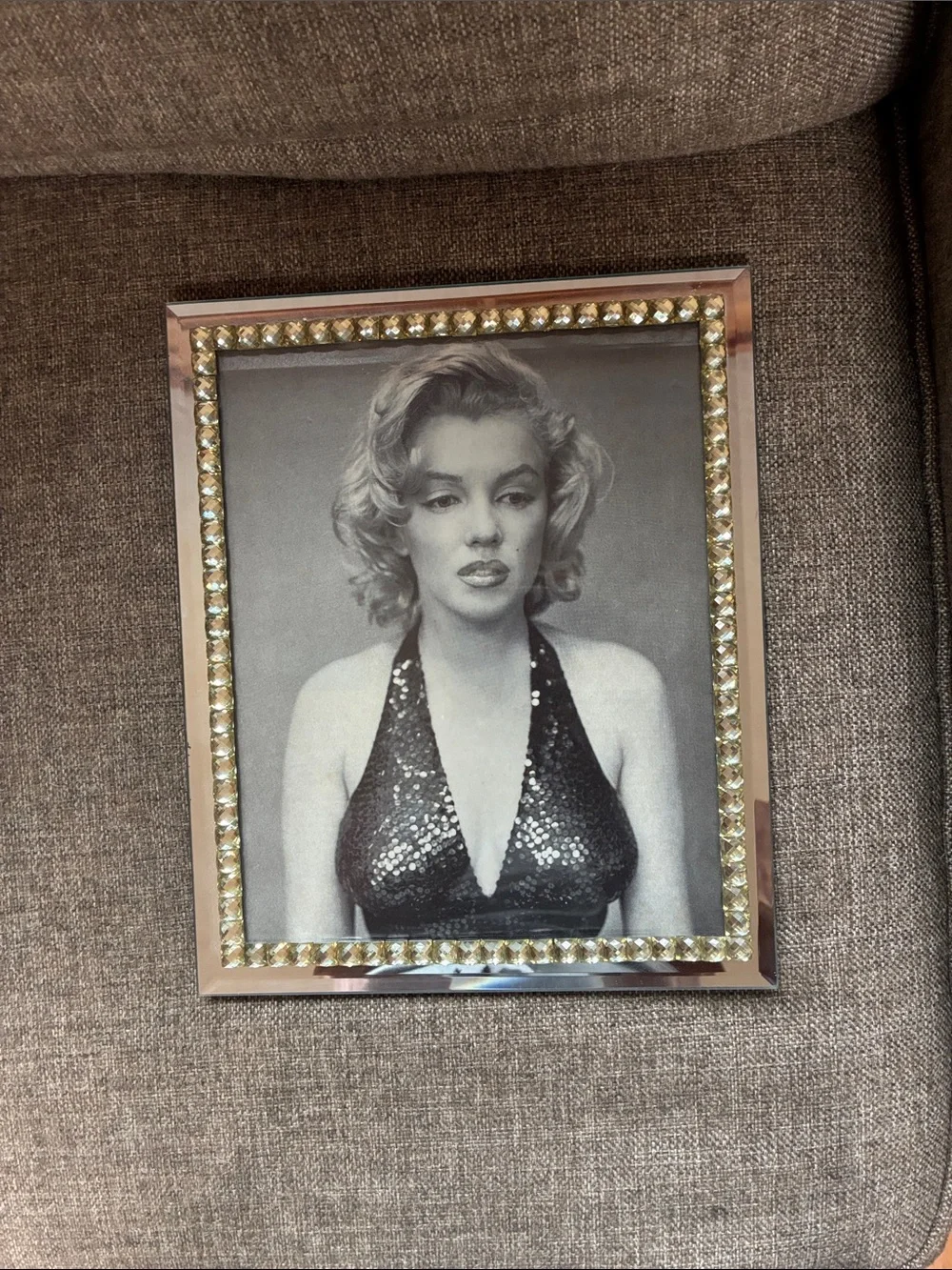 Mirrored Gem Accent Photo Frame - Gold Crystal Trim with Marilyn